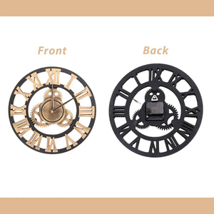 Front and back view of the Retro Gear Wall Clock, showcasing Roman numerals in gold and a striking gear motif design on the front; the black backing reveals its intricate clock mechanism.