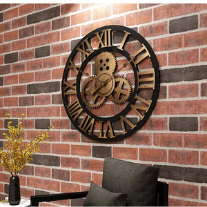 The Retro Gear Wall Clock, adorned with intricate gear motifs and Roman numerals, hangs prominently on the brick wall. Nearby, a small plant rests in the corner beside a dark chair, enhancing the space's timeless charm.