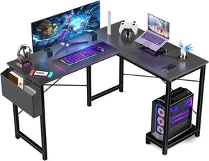Modern black walnut L-Shaped Gaming Desk with Easy Organization Features such as CPU tray, side bag, etc.