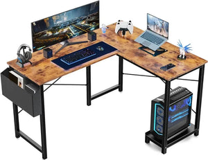 Modern rustic brown L-Shaped Gaming Desk with Easy Organization Features such as CPU tray, side bag, etc.
