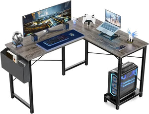 Modern gray walnut L-Shaped Gaming Desk with Easy Organization Features such as CPU tray, side bag, etc.