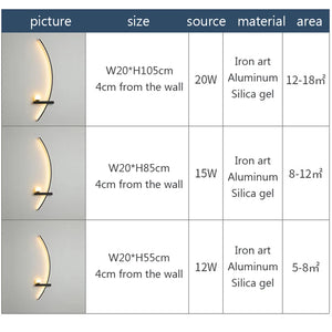 A chart showcasing the specifications for three sophisticated Arc Wall Sconce models, each boasting a moon-inspired design crafted from iron art, aluminum, and silica gel. The dimensions, wattages, and area coverage differ for each contemporary wall light.