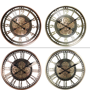 Four Steampunk Wall Clocks featuring exposed, decorative gears in metallic frames, each showing a different time.