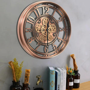 A Steampunk Wall Clock featuring exposed gears and Roman numerals is mounted above a shelf adorned with books and decorative pieces, infusing the room with an industrial ambiance.