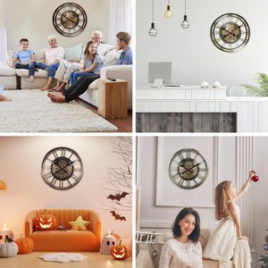 Four images showcasing the Steampunk Wall Clock displayed in different home environments: a living room with people, a minimalist workspace enhanced by vintage industrial style, a Halloween-themed space, and a child reaching for an ornament surrounded by decorative gears.