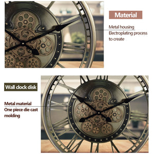 A close-up of the Steampunk Wall Clock features its metal housing and exposed gears, crafted through electroplating and die-cast molding.