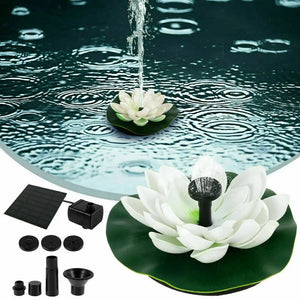 The Lotus-shaped Solar Fountain, featuring a white lotus design, a solar panel, and multiple nozzle attachments, creates ripples on the water and serves as the perfect garden pond decoration.