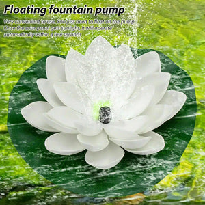 The image depicts the Lotus-shaped Solar Fountain, a floating pump designed in the shape of a white lotus flower on water. It features text highlighting its convenience and eco-friendly solar-powered automatic operation, making it an ideal garden pond decoration.