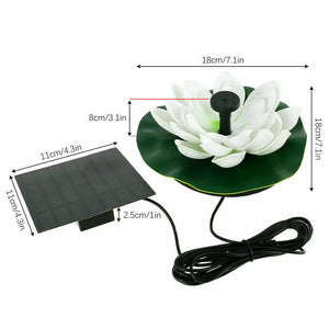 Introducing the eco-friendly Lotus-shaped Solar Fountain, a solar-powered water feature with a white lotus design that's perfect for garden ponds. This floating fountain is paired with a rectangular solar panel, whose dimensions are clearly marked, and it is connected to the fountain by a sleek black cable.