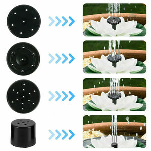 Image illustrating the diverse nozzle options for the Lotus-shaped Solar Fountain, each generating unique water spray patterns. The sequence demonstrates how various nozzles produce distinct effects, ideal for enhancing any garden pond décor with eco-friendly designs.