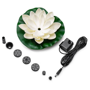 The Lotus-shaped Solar Fountain is a white, lotus-shaped, floating design with a green base. It comes with various nozzle attachments and a power cord featuring a plug, making it an ideal addition for garden ponds and eco-friendly environments.