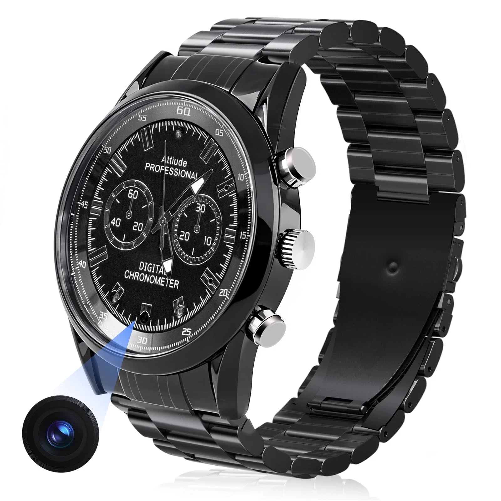 The Watch SpyCam is a black metal wristwatch with three dials and multiple buttons, discreetly featuring an illustrated lens that reveals its hidden 1080P camera function.