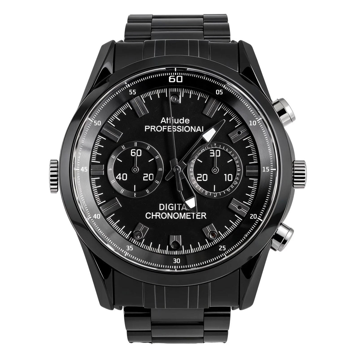 The Watch SpyCam is a black professional digital chronometer spy watch with a metal band, three subdials, and silver accents on white—discreetly featuring a hidden camera for added security.