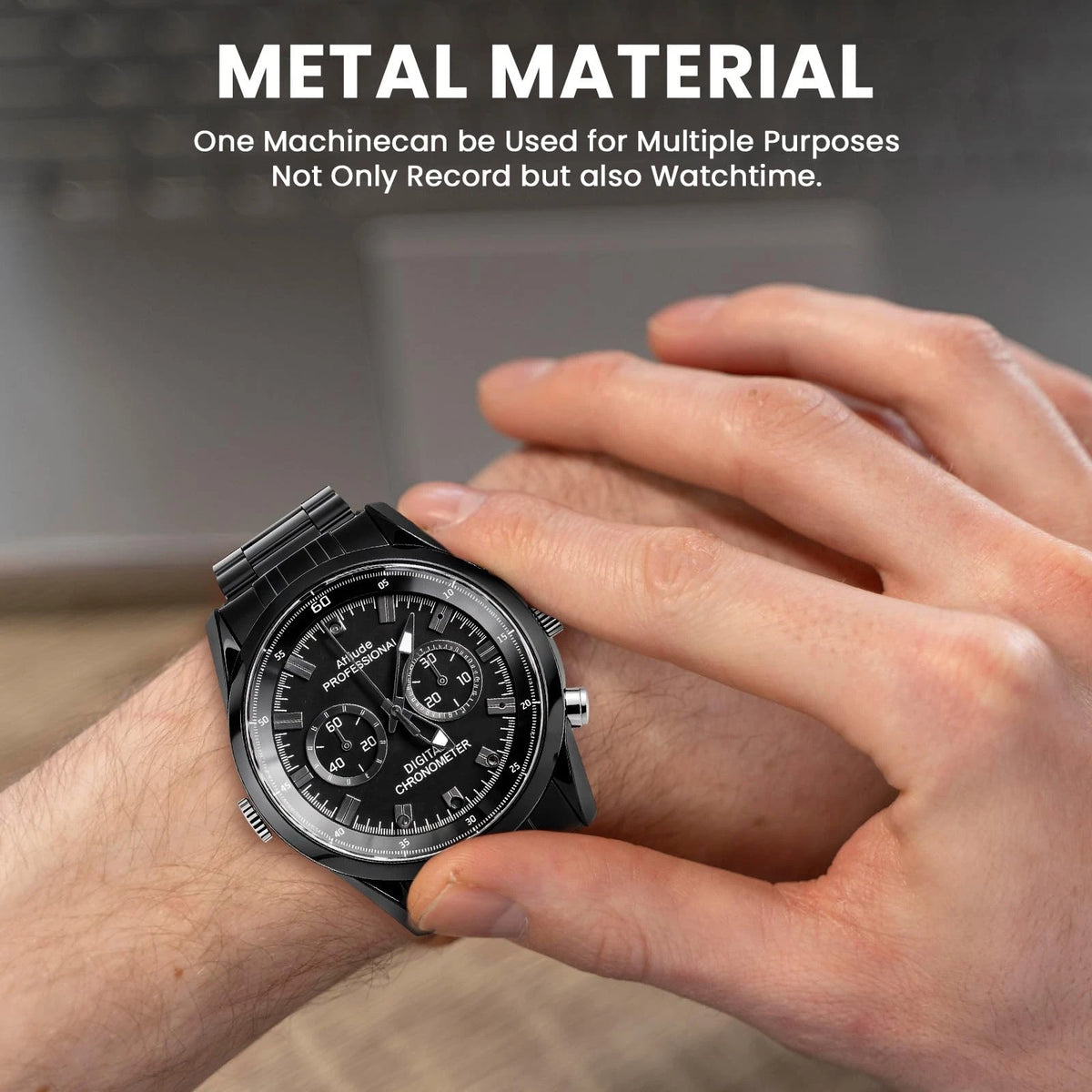 A person wears the Watch SpyCam, a black analog wristwatch, on their left wrist. Text above reads: "Metal Material. This 1080P watch camera is perfect for discreet recording and also tells time.