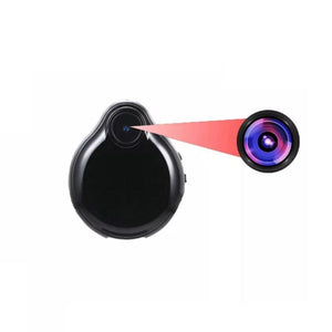 A Mini Necklace SpyCam in black features a lens that emits a red beam, subtly emphasizing the intricate details of the lens.