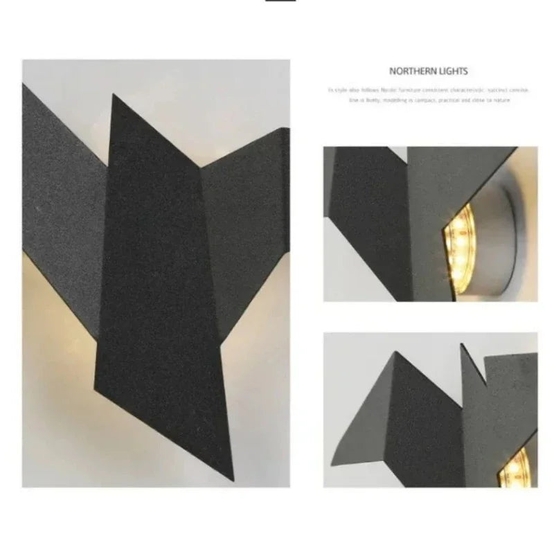 A black, geometrically shaped wall light fixture resembling the Modern Flying Bird Wall Sconce is showcased from various angles, accompanied by the text: "Northern Lights.