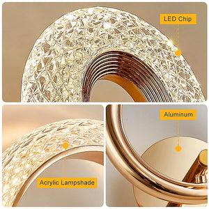 Close-up images of the Luxury Wall Sconce showcasing its LED chip, aluminum structure, and acrylic lampshade. This stylish indoor lighting option highlights the intricate details designed to enhance contemporary spaces.