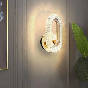 A Luxury Wall Sconce with an oval-shaped light fixture emits a warm glow against a gray wall, accompanied by a partially visible framed picture and a large green plant.