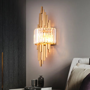 The Luxury Geometric Wall Sconce is a sophisticated piece of home decor, featuring a modern geometric wood design and a central glass element that emits warm light next to your bed.