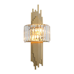 The Luxury Geometric Wall Sconce showcases an Art Deco design with vertical gold rods and a central glass cylinder that houses glowing bulbs, making it an ideal piece for elegant home decor.