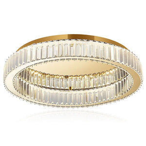 Introducing the Luxury Ceiling Circle Crystal Light, a sophisticated gold-toned fixture with two concentric rings embellished with vertical crystal prisms, infusing elegance into any space.