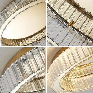 A detailed view of four segments from the Luxury Ceiling Circle Crystal Light, featuring glass prisms and gold accents, highlights different angles and lighting reflections, creating an elegant and opulent ceiling fixture.