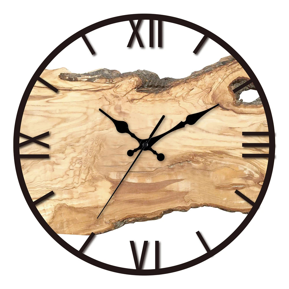 Introducing the Wood Circle Wall Clock, a rustic masterpiece showcasing a natural wood grain finish complemented by elegant Roman numerals. Its distinctively positioned hour and minute hands enhance its sophisticated charm.