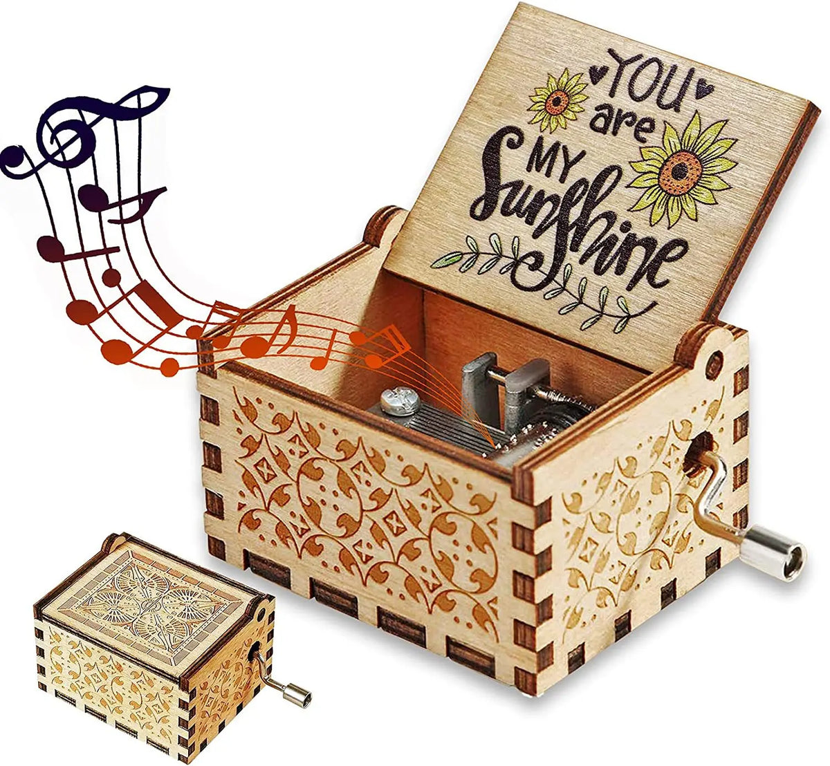 The "Music Box - You Are My Sunshine" features a romantic rotary handle, intricate designs, and the phrase "You Are My Sunshine" inscribed on the inside of its lid. Classic melodies flow from it, with illustrated musical notes drifting into the air.