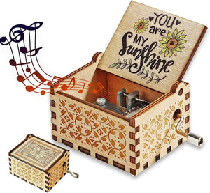 The "Music Box - You Are My Sunshine" features a romantic rotary handle, intricate designs, and the phrase "You Are My Sunshine" inscribed on the inside of its lid. Classic melodies flow from it, with illustrated musical notes drifting into the air.