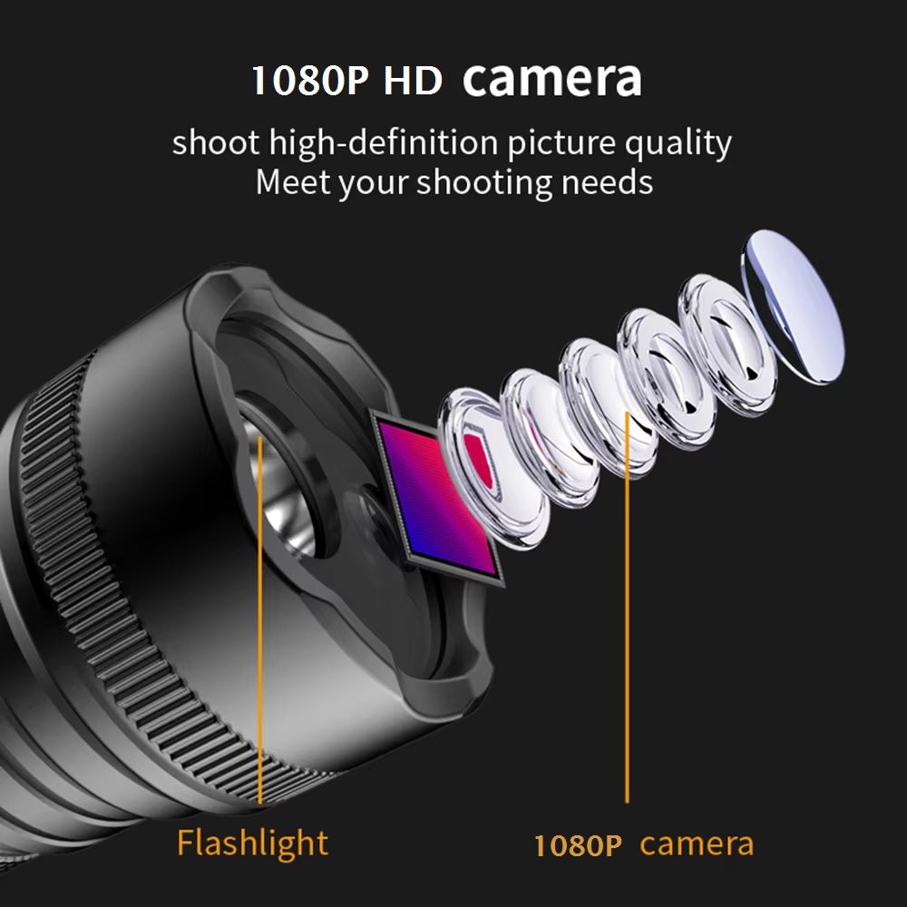 Diagram of the Outdoor Flashlight SpyCam’s 1080P HD lens assembly with labeled flashlight and camera components, highlighting its high-definition image quality and waterproof design.