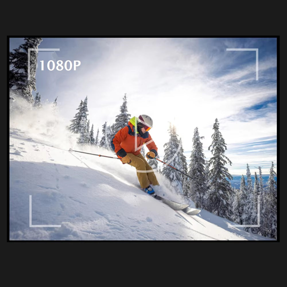 A skier in an orange jacket and helmet rides down a snowy slope amid snow-laden trees under a bright sky—an ideal scene to record with the Outdoor Flashlight SpyCam, which captures every detail in sharp 1080p. The image is labeled "1080P.