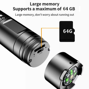 Close-up of the Outdoor Flashlight SpyCam with a memory card slot (up to 64GB), next to its detached cap featuring a built-in compass; labeled as waterproof and supporting 1080p video.