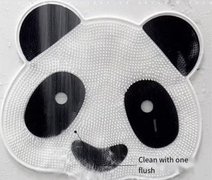 A Panda Shower Massage Mat with a textured surface is shown under running water. Text reads, "Promote cleanliness and improve circulation with one flush.