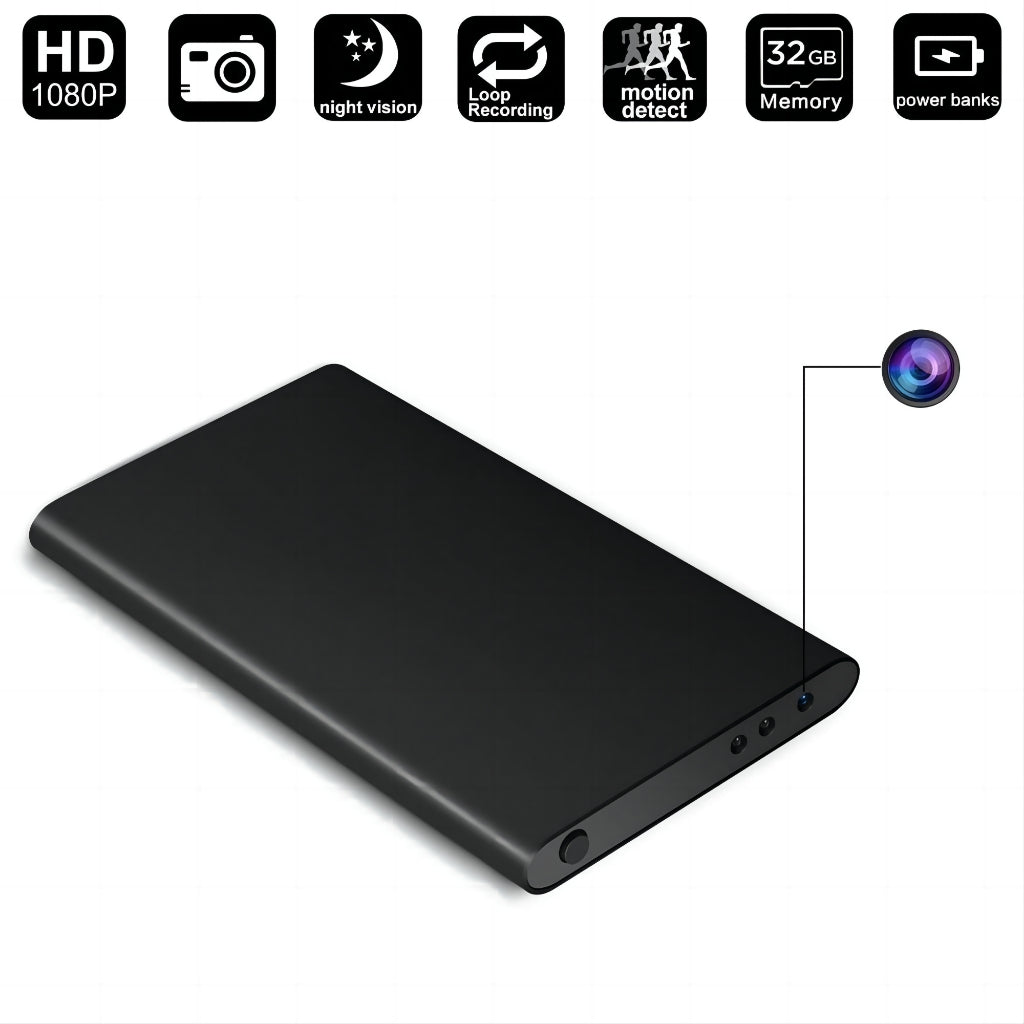 The Power Bank SpyCam is a slim black portable power bank with a hidden camera, offering HD 1080P, night vision, motion detection, loop recording, 32GB memory, and reliable charging—ideal for discreet security.