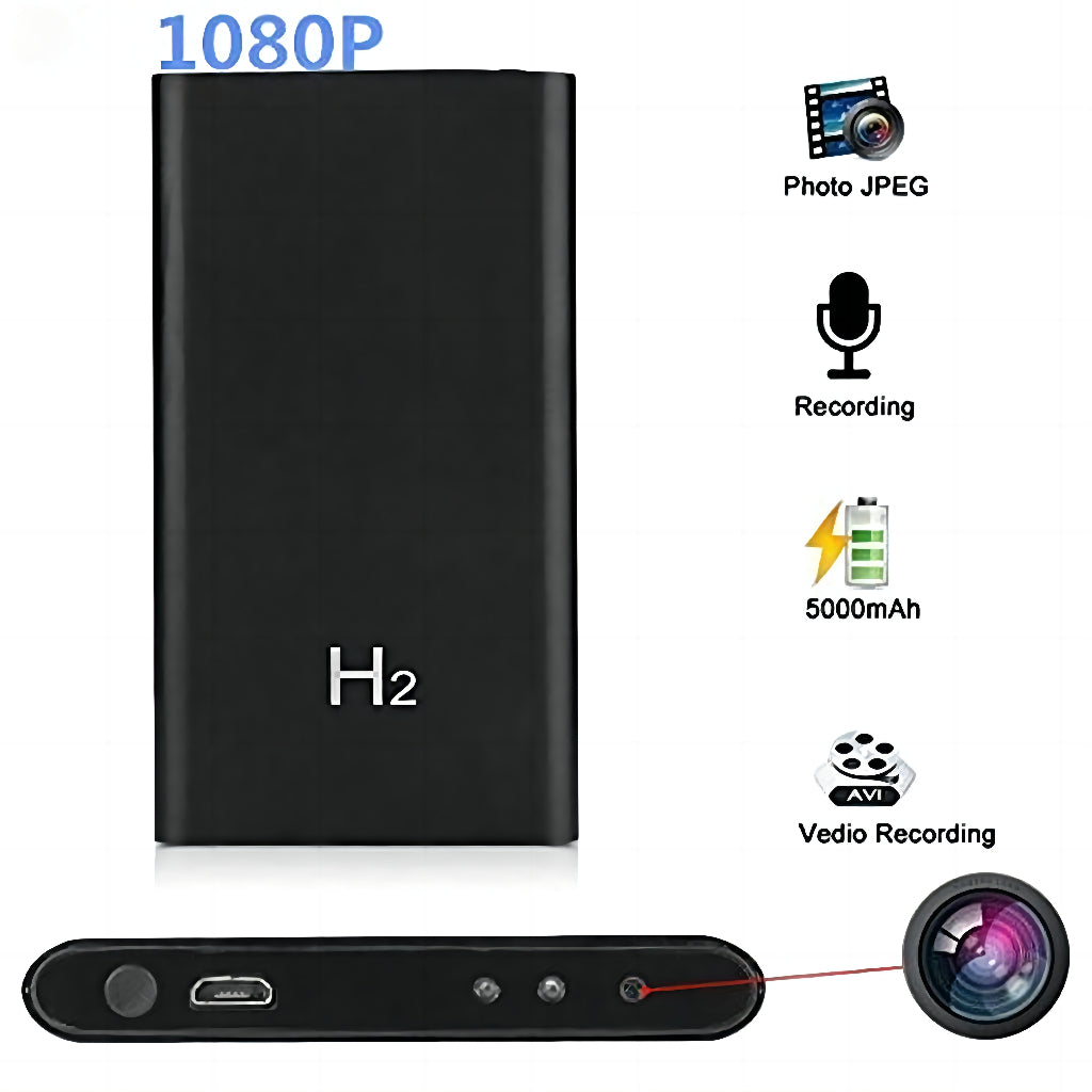 The Power Bank SpyCam is a black H2 device with 1080P, USB and auxiliary ports, photo, video recording, battery icons—ideal as a Portable Power Bank or Spy Mini Camera for discreet surveillance.