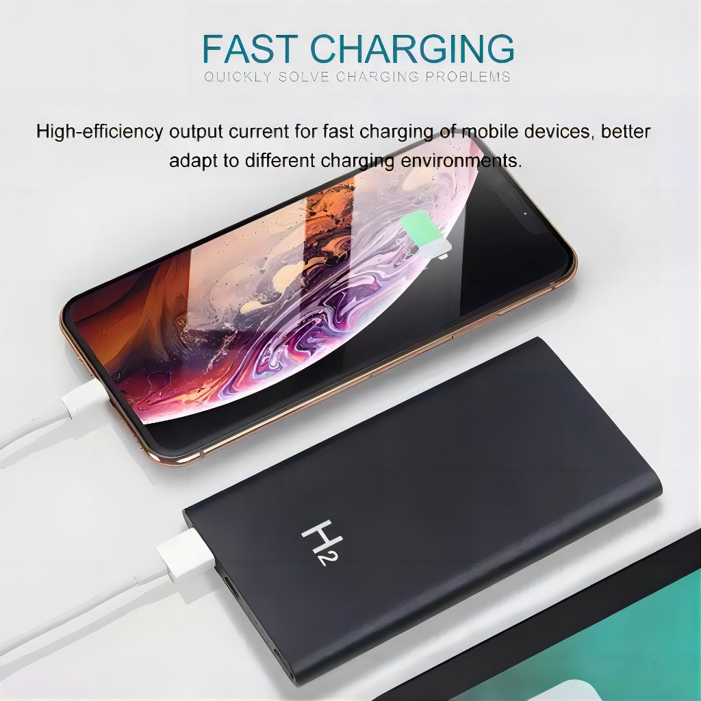A smartphone charges with a white cable connected to a black Power Bank SpyCam, featuring fast charging, device versatility, and discreet compatibility with hidden camera accessories highlighted above.
