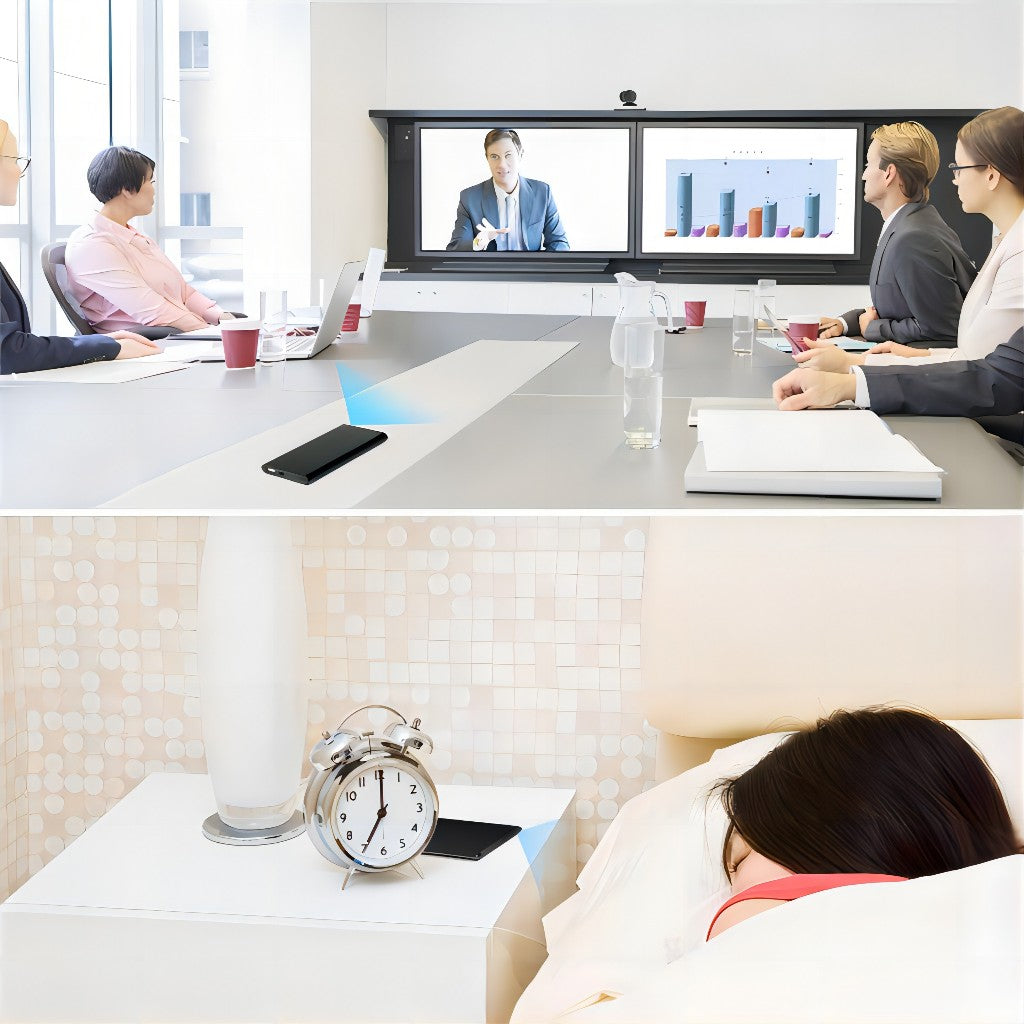 During a business meeting with four people on a video call in a conference room, and a woman sleeping in bed by an alarm clock and phone, the Power Bank SpyCam is discreetly placed nearby for added security.