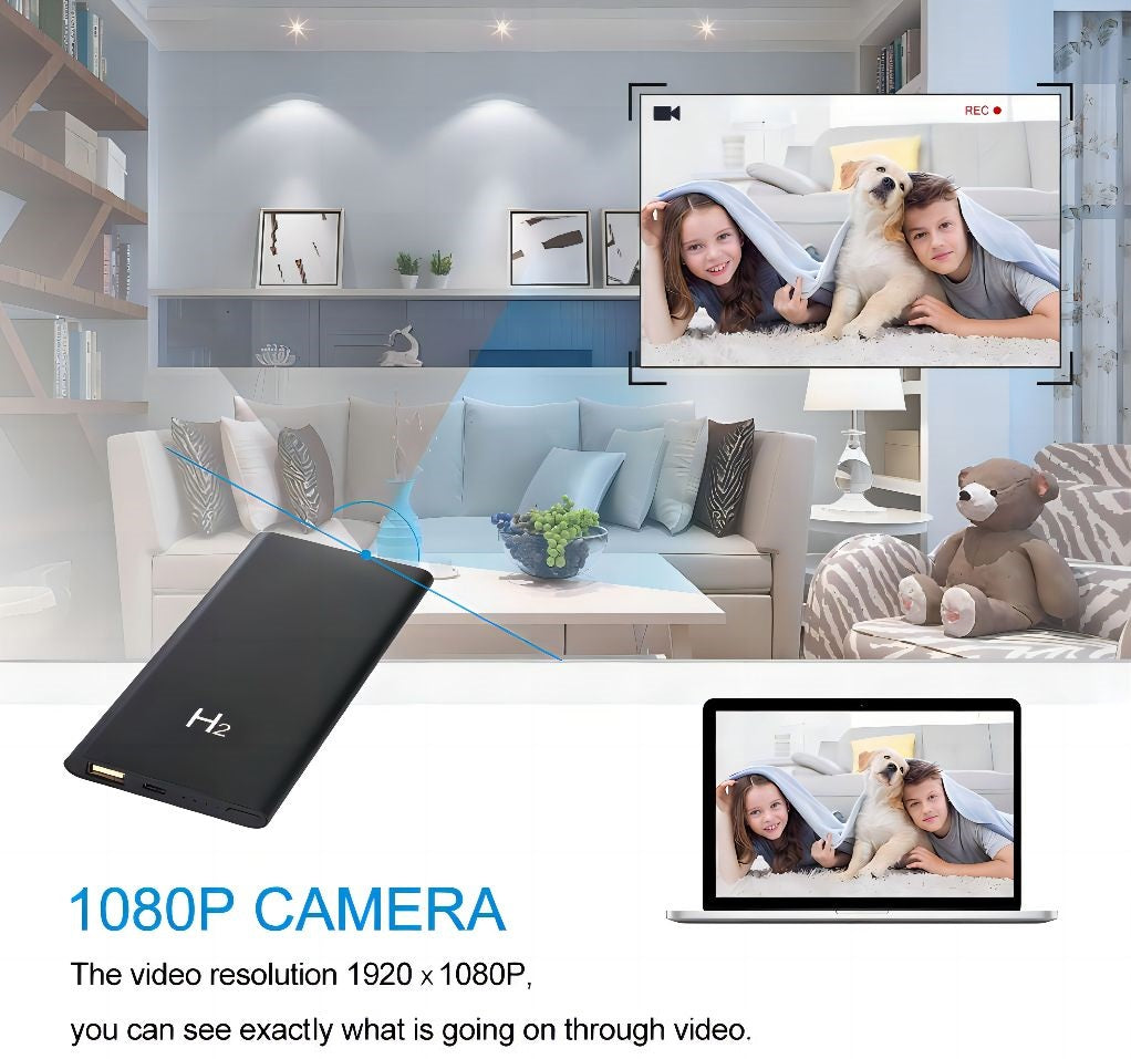 A Power Bank SpyCam discreetly records a child and dog on a couch, displaying crisp 1080P footage on a laptop. A teddy bear and shelves add to the cozy scene.