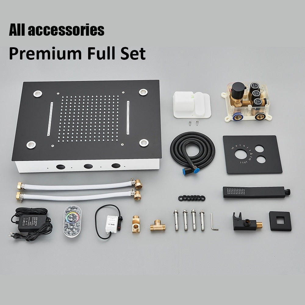 Smart Ceiling Shower System full set includes a control box, thermostatic mixer valve, hoses, remote control, nozzles, valves, mounting hardware, and accessories displayed on a gray background. Experience a luxurious rainfall waterfall shower with advanced temperature control for ultimate comfort.
