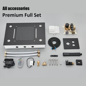 Smart Ceiling Shower System full set includes a control box, thermostatic mixer valve, hoses, remote control, nozzles, valves, mounting hardware, and accessories displayed on a gray background. Experience a luxurious rainfall waterfall shower with advanced temperature control for ultimate comfort.