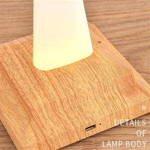 Close-up of the Bird Table Night Light with a wooden base and a glowing white shade, reflecting a minimalist design. Text in the corner reads "Details of Lamp Body.