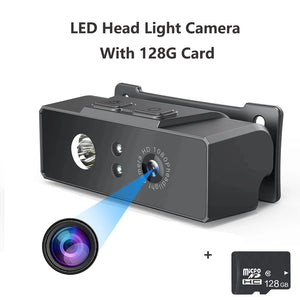 A Rechargeable Headlamp SpyCam with a lens emitting a blue light beam, featuring an HD 1080P camera and a 128GB micro SD card. Text reads "LED Head Light Camera With 128G Card".