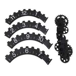 The Ring Gear Wall Clock is a contemporary addition to any space, boasting a black clock face segmented with numbers from 1 to 12 and an array of intricately interlocking gears on the right side that create an eye-catching mechanical gear design.