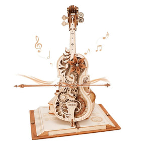 The "Cello Puzzle Music Box" is an intricate wooden model of a cello with gears and musical notes on a book, showcasing mechanical components and musical elements, reminiscent of a 3D Wooden Puzzle, and beautifully functioning like a Mechanical Music Box.