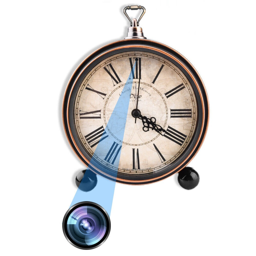 The product is a Roman Numeral Clock SpyCam with vintage Roman numerals. A blue beam seamlessly connects the clock to an illustration of a home surveillance camera below.