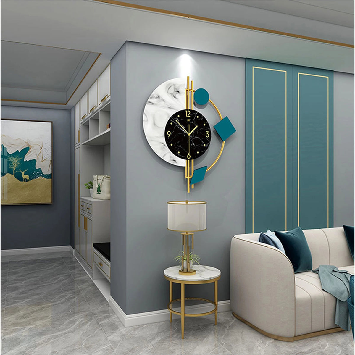 Modern living room with a gray and teal palette, highlighted by the Modernist Constellation Accent Clock in marble and gold, a round marble side table with lamp, white couch, and abstract wall art.