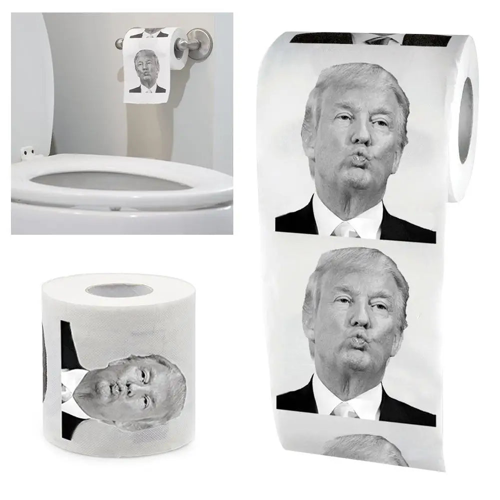 Trump Toilet Paper features repeated black-and-white images of a man’s puckered lips on each sheet, shown on a holder and as individual sheets—a humorous satire item for anyone looking to add some fun to their bathroom.