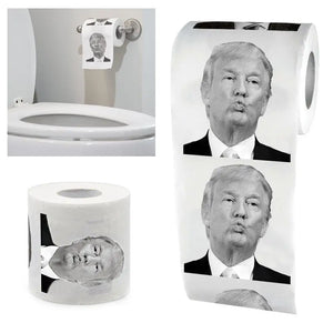 Trump Toilet Paper features repeated black-and-white images of a man’s puckered lips on each sheet, shown on a holder and as individual sheets—a humorous satire item for anyone looking to add some fun to their bathroom.