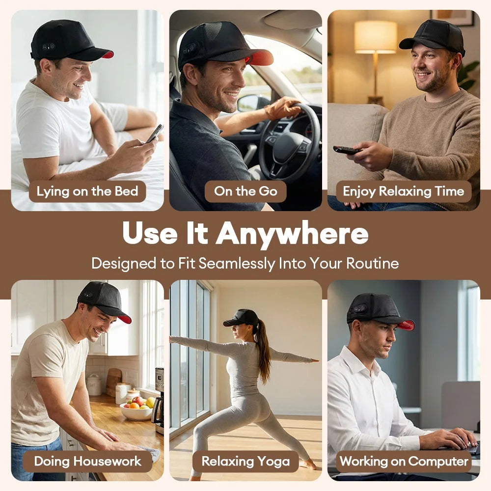 Use it anywhere guide showing heated cap for hair growth worn in bed, while driving, relaxing, cooking, doing yoga, and working at a desk.