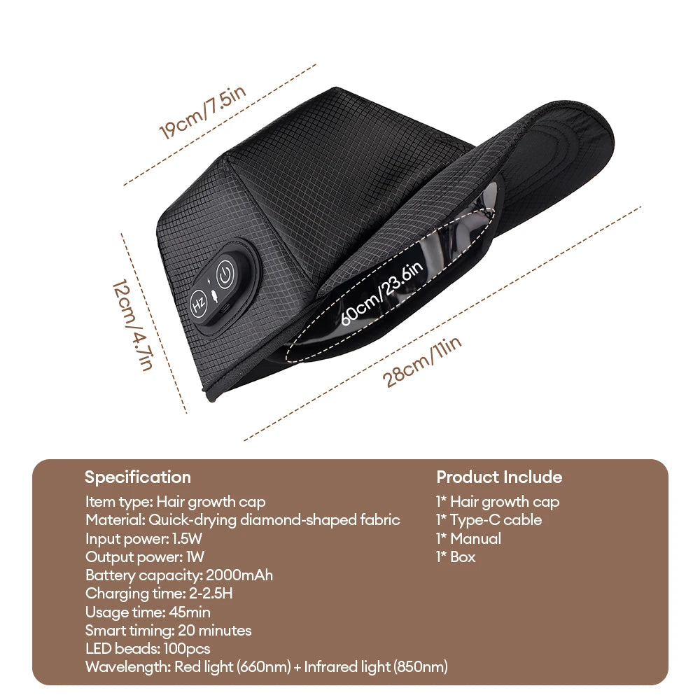 Heated cap for hair growth dimensions and specs: 19cm top width, 12cm height, 28cm length, 60cm inner circumference, 2000mAh battery, Type-C cable included.